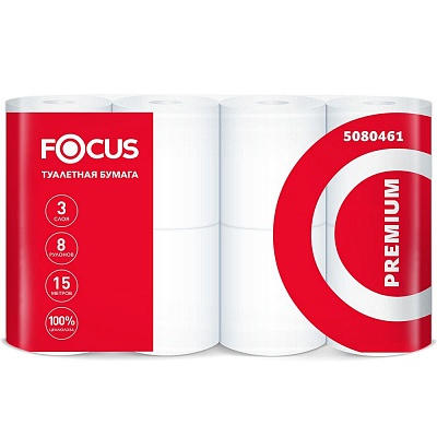 Туалетная бумага 3х слойная Focus Premium, 8 рулонов (х8/64)